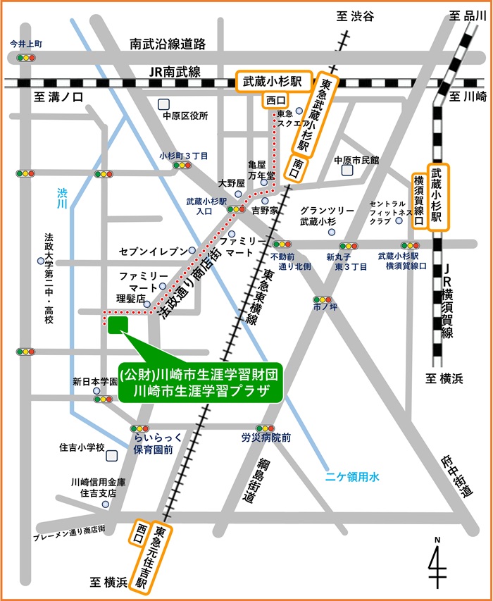 南武線武蔵小杉駅からの場合西口からでて亀屋万年堂を右にまわり法政通りを通りファミリーマート理髪店と隣りあっているところがありその理髪店を右にまわると川崎市生涯学習財団になります